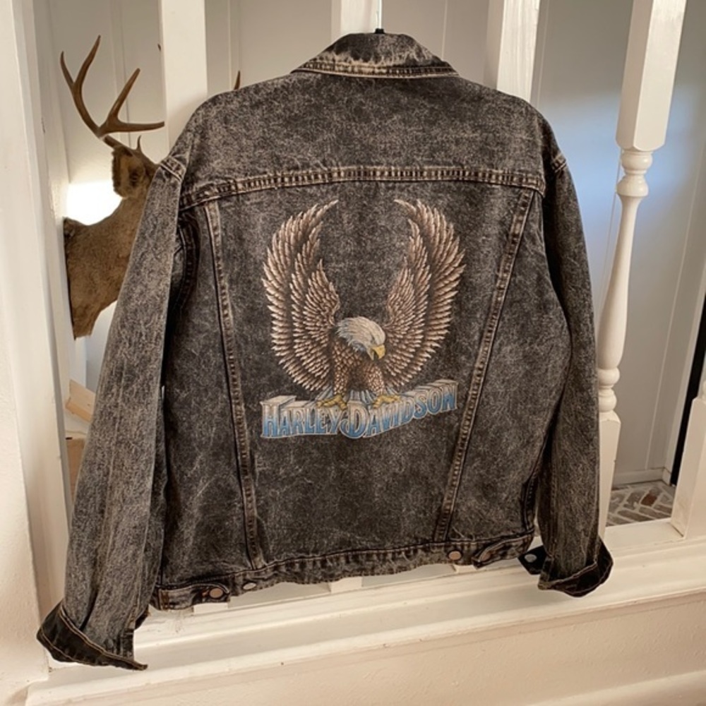 Vintage acid wash gray jean Harley Davidson jacket